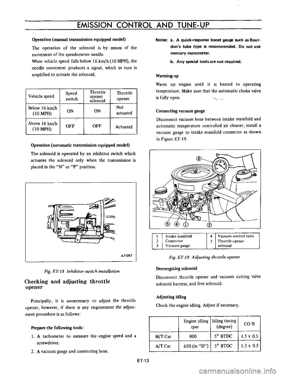 DATSUN B110 1973 Service Repair Manual
EMISSION
CONTROL
AND
TUNE
UP
Operation
manual
transmission
equipped
model
The
operation
of
the
solenoid
is
by
means
of
the
movement
of
the
speedometer
needle
When
vehicle
s DATSUN B110 1973 Service Repair Manual
EMISSION
CONTROL
AND
TUNE
UP
Operation
manual
transmission
equipped
model
The
operation
of
the
solenoid
is
by
means
of
the
movement
of
the
speedometer
needle
When
vehicle
s