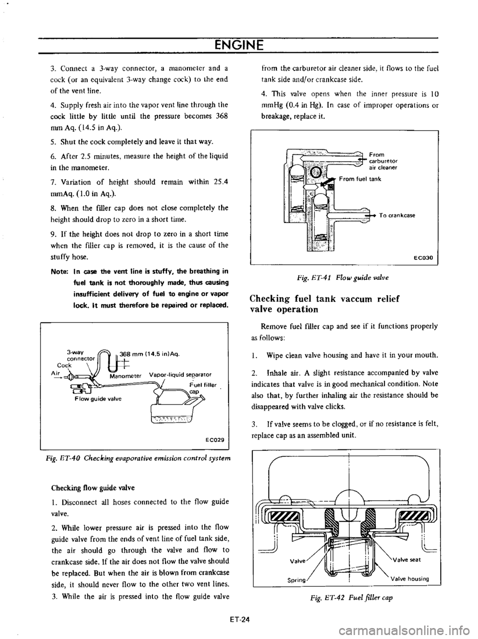 DATSUN B110 1973  Service Repair Manual 
ENGINE

3 
Connect 
a 
3

way 
connector 
a

manometer 
and 
a

cock 
or 
an

equivalent 
3

way 
change 
cock 
to 
the

end

of 
the

vent 
line

4

Supply 
fresh 
air 
into 
the

vapor 
vent 
line
