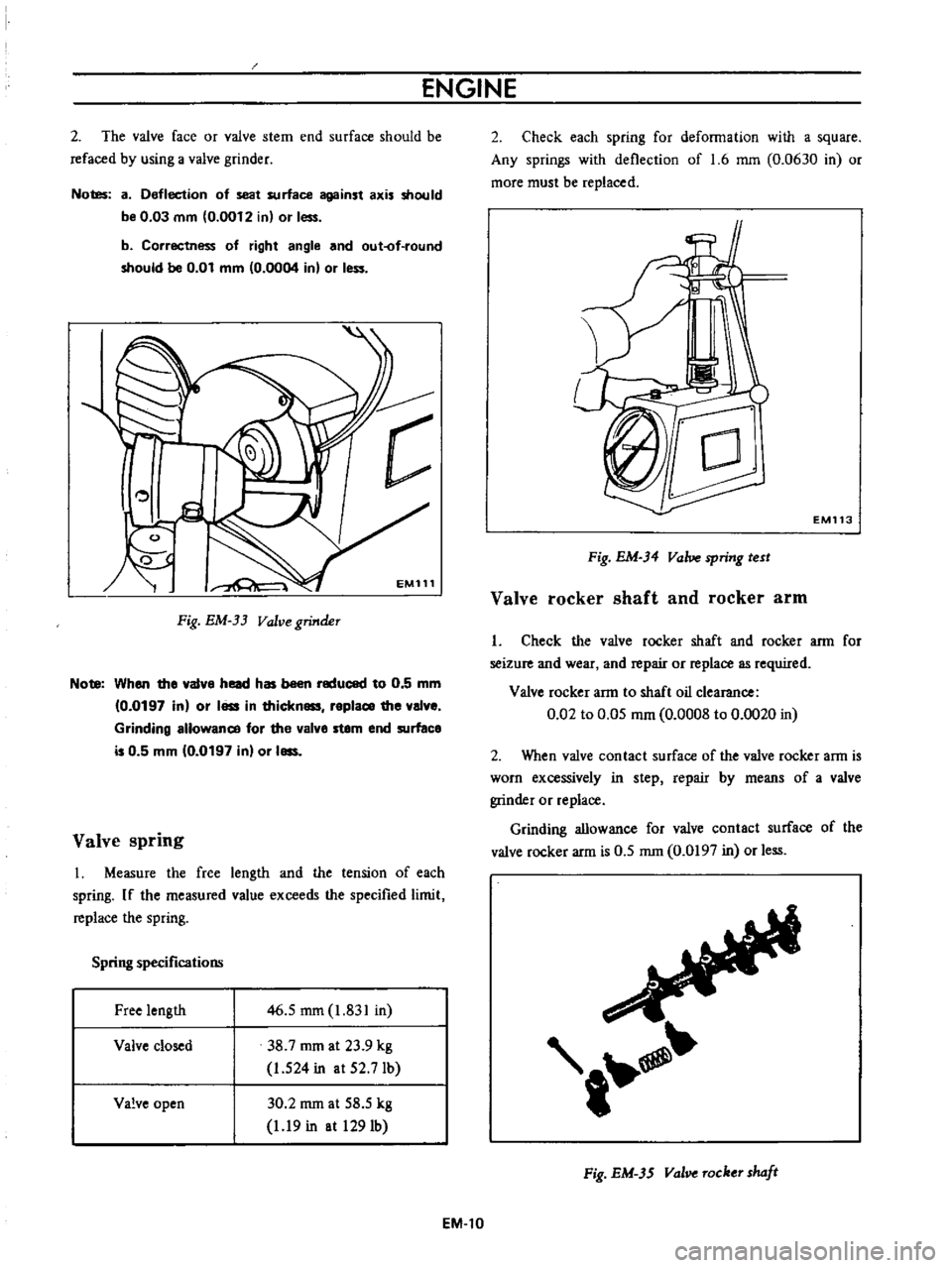 DATSUN B110 1973  Service Repair Manual 
ENGINE

2 
The 
valve 
face

or 
valve 
stem 
end 
surface 
should 
be

refaced

by 
using 
a

valve

grinder

Notes 
a 
Deflection 
of 
seat 
surface

against 
axis 
should

be 
0 
03 
mm 
0 
0012 
