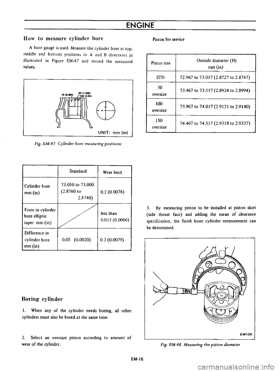 DATSUN B110 1973  Service Repair Manual 
ENGINE

How 
to

measure

cylinder 
bore

A 
bore

gauge 
is 
used

Measure 
the

cylinder 
bore

at

tup

middle

Jnd

bottom

positions 
in 
A 
and

B

directions 
as

illustrated 
in

Figure 
EM47