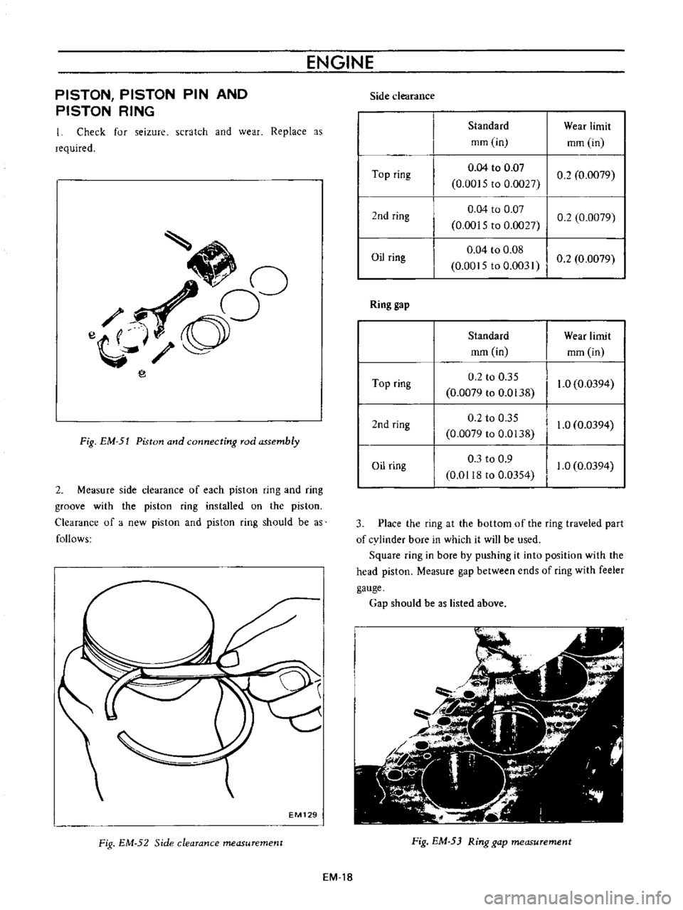 DATSUN B110 1973  Service Repair Manual 
ENGINE

PISTON 
PISTON 
PIN 
AND

PISTON 
RING

Check 
for

seizure 
scratch 
and 
wear

Replace 
as

required

o

10

e

O

I
l

Fig 
EM 
51 
Piston 
and

connecting 
rod

assembly

2 
Measure 
side