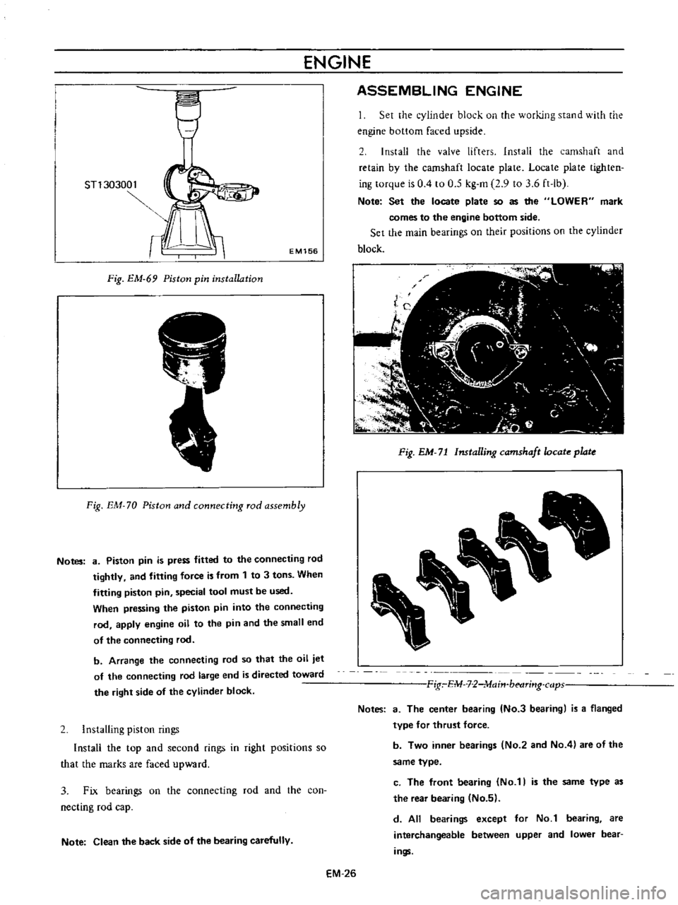 DATSUN B110 1973  Service Repair Manual 
ENGINE

ST130300 
1

EM156

Fig 
EM 
69

Piston

pin 
installation

Fig 
EM 
70 
Piston 
and

connecting 
rod

assembly

Notes 
8 
Piston

pin 
is

press 
fitted 
to 
the

connecting 
rod

tightly 
a
