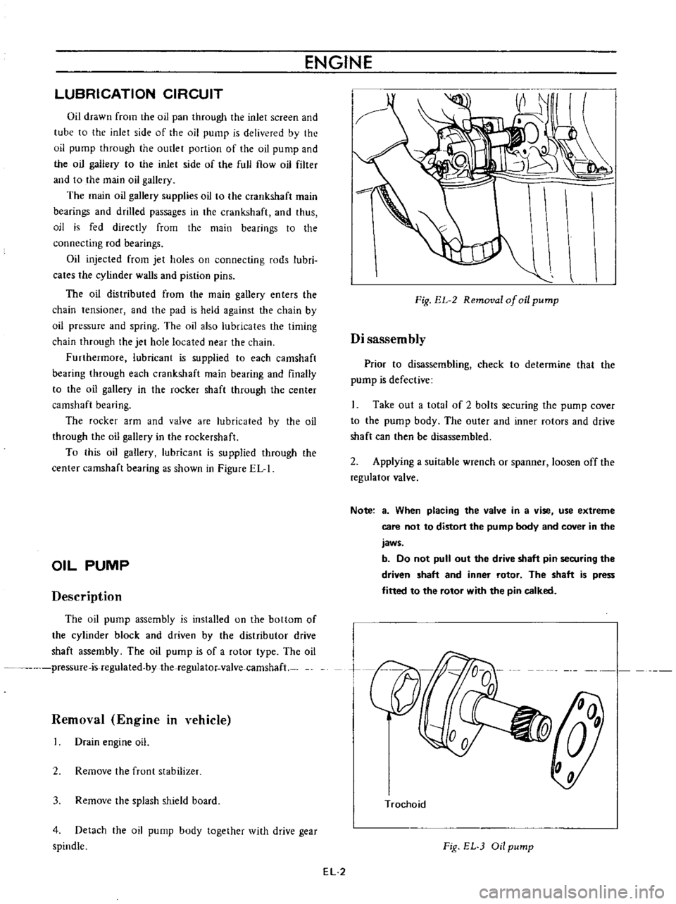 DATSUN B110 1973  Service Repair Manual 
LUBRICATION 
CIRCUIT

Oil 
drawn

from 
the 
oil

pan 
through 
the 
inlet

screen 
and

tube

to 
the 
inlet 
side 
of 
the 
oil

pump 
is 
delivered

by 
th

oil

pump 
through 
the 
outlet

portio