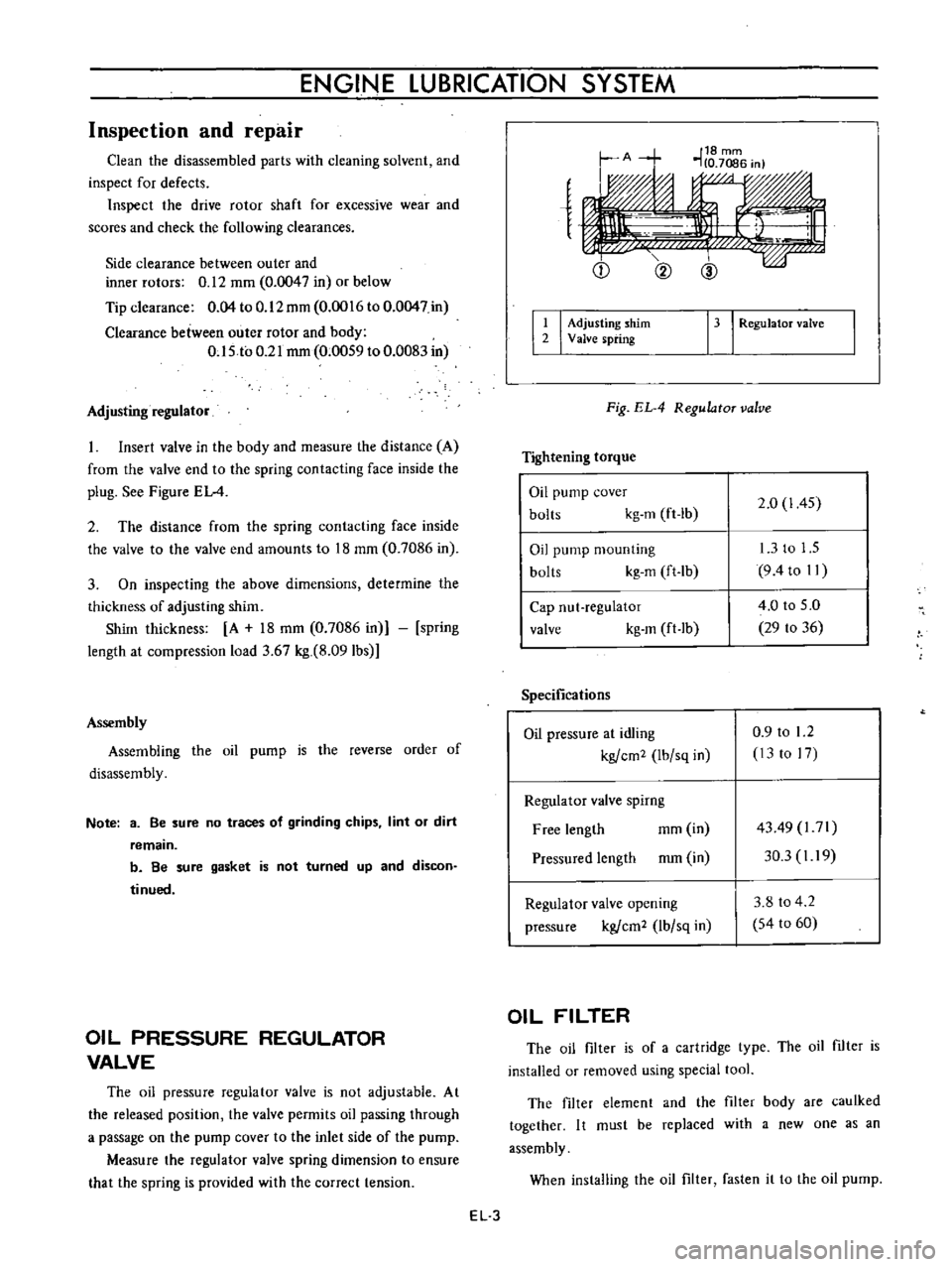 DATSUN B110 1973  Service Repair Manual 
ENGINE 
LUBRICATION 
SYSTEM

Inspection 
and

repair

Clean 
the 
disassembled

parts 
with

cleaning 
solvent 
and

inspect 
for 
defects

Inspect 
the 
drive 
rotor 
shaft 
for

excessive 
wear 
an