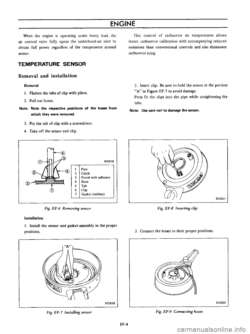 DATSUN B110 1973 Service Repair Manual
ENGINE
When
the
engine
is
operating
under
heavy
load
the
air
control
valve
fully
opens
the
underhood
air
inlet
to
obtain
full
power
regardless
of
the
temperature
around
se DATSUN B110 1973 Service Repair Manual
ENGINE
When
the
engine
is
operating
under
heavy
load
the
air
control
valve
fully
opens
the
underhood
air
inlet
to
obtain
full
power
regardless
of
the
temperature
around
se