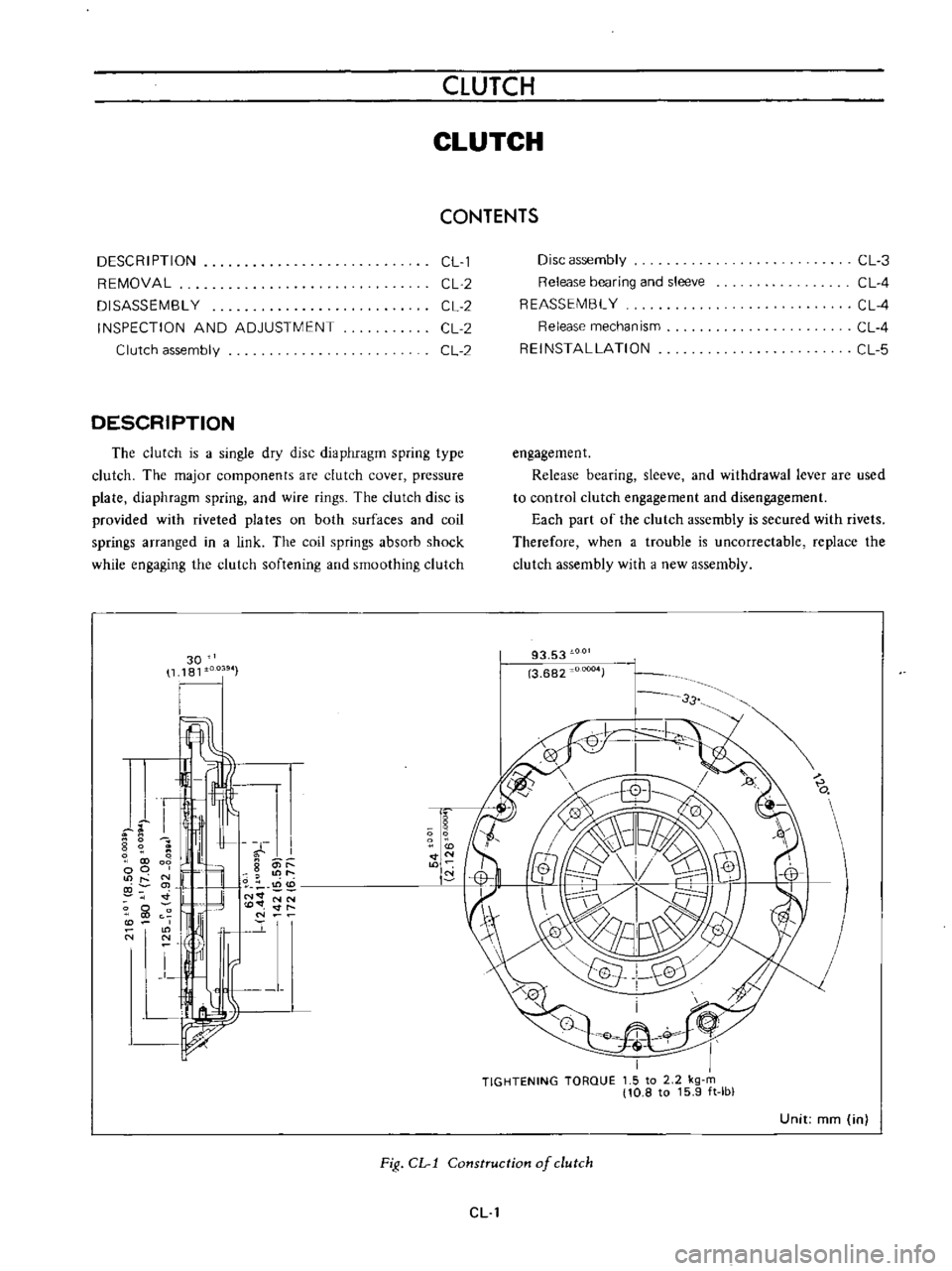 DATSUN B110 1973  Service Repair Manual 
CLUTCH

CLUTCH

CONTENTS

DESCRIPTION

REMOVAL

DISASSEMBL 
Y

INSPECTION 
AND

ADJUSTMENT

Clutch

assembly 
Cll

CL

2

CL 
2

CL 
2

CL 
2

DESCRIPTION

The

clutch 
is 
a

single 
dty 
disc

diap