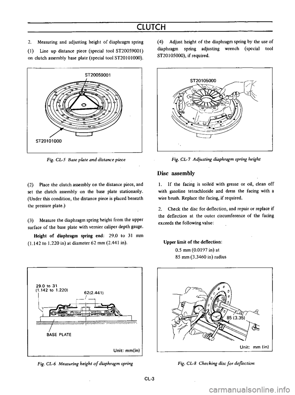 DATSUN B110 1973  Service Repair Manual 
CLUTCH

2

Measuring 
and

adjusting 
height 
of

diaphragm 
spring

I 
Line

up 
distance

piece 
special 
tool

ST20059001

on

clutch

assembly 
base

plate 
special 
tool 
ST20101O
0

ST20059001
