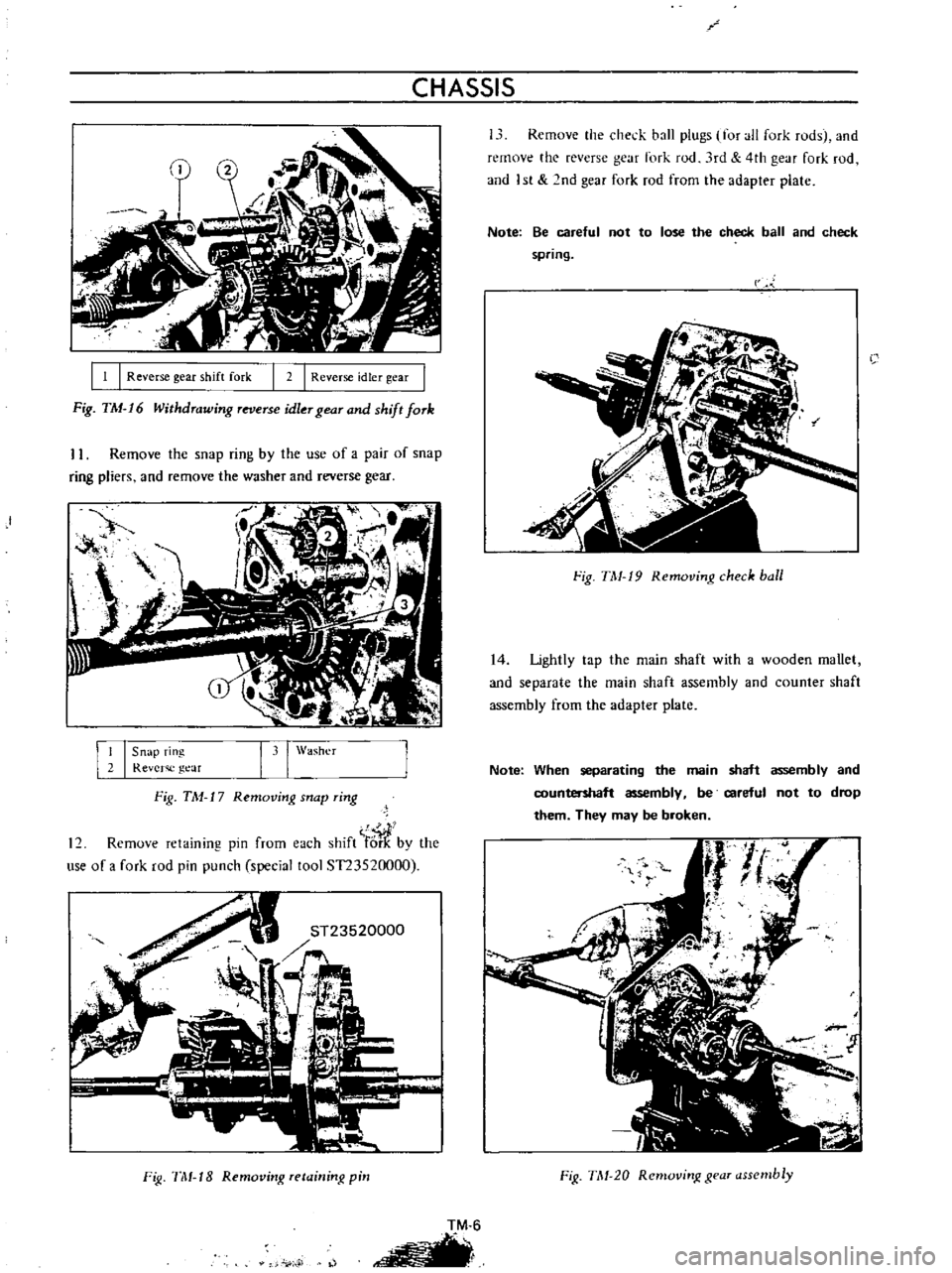 DATSUN B110 1973  Service Repair Manual 
CHASSIS

I 
1

I 
ReV 
erse

gear 
shift 
fork 
2

I 
Reverse 
idler

gear

Fig 
TM 
16

Withdrawing 
reverse 
idler

gear 
and

shift 
fork

II 
Remove 
the

snap 
ring 
by 
the 
use 
of 
a

pair 
o
