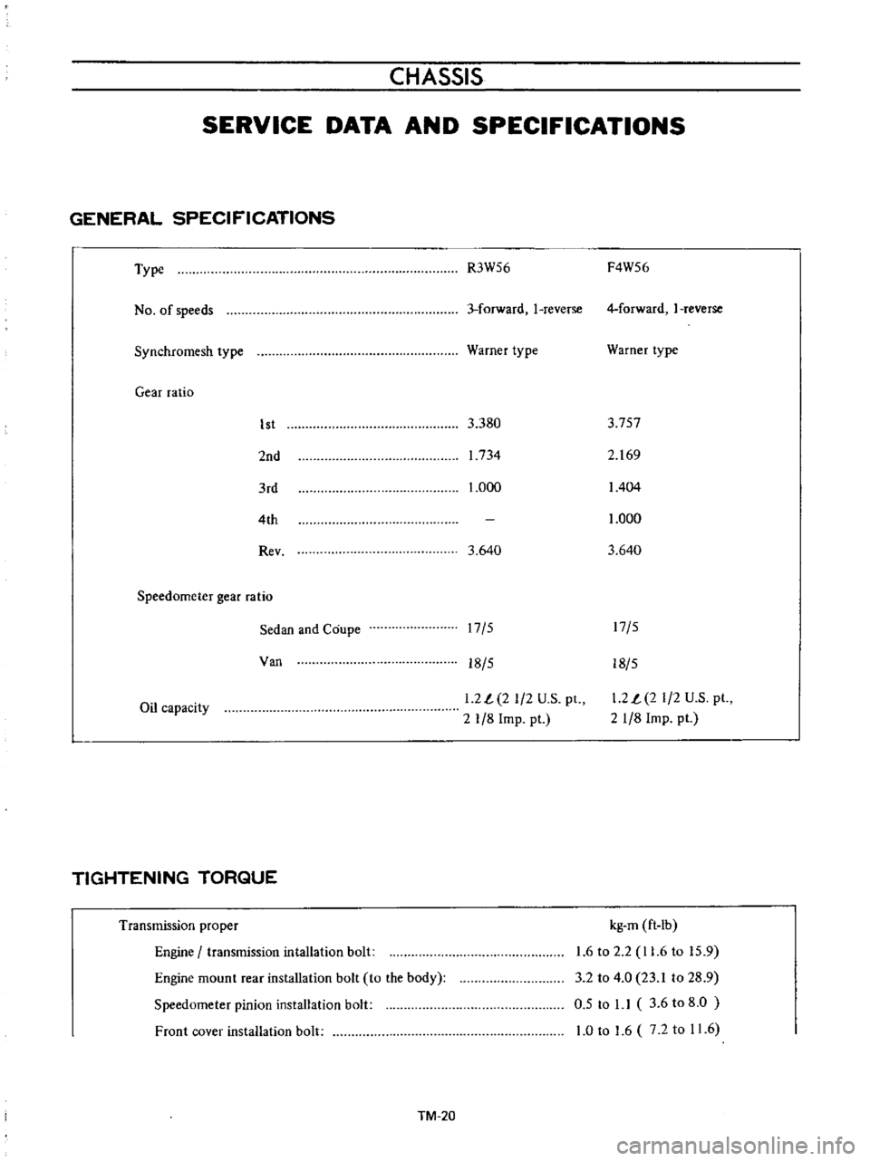 DATSUN B110 1973  Service Repair Manual 
CHASSIS

SERVICE 
DATA 
AND

SPECIFICATIONS

GENERAL 
SPECIFICATIONS

Type

No 
of

speeds

Synchromesh 
type

Gear 
ratio

1st

2nd

3rd

4th

Rev

Speedometer

gear 
ratio

Sedan 
and

Coupe

Van

