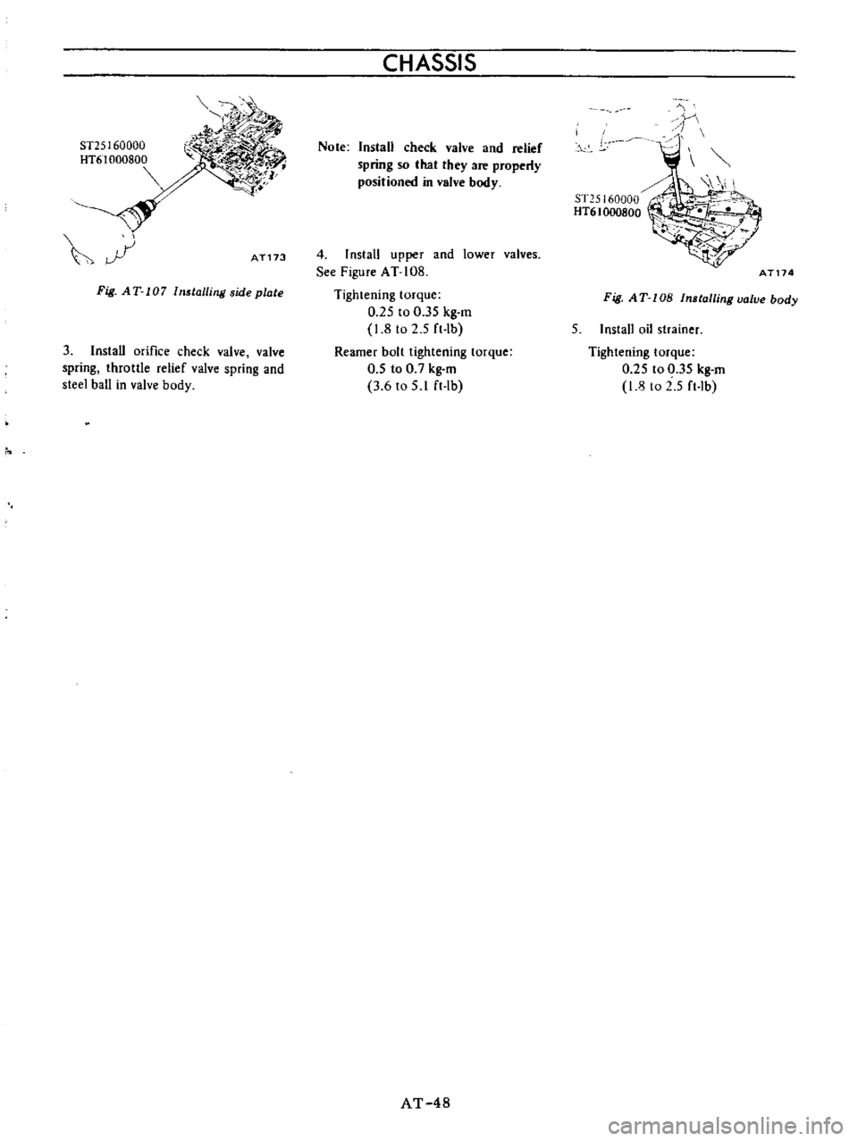 DATSUN B110 1973  Service Repair Manual 
ST25 
1

60000

HT6 
1

000800

r

if 
AT173

Fig 
AT 
107

Installing 
side

plate

3

Install 
orifice 
check 
valve

valve

spring 
throttle 
relief

valve

spring 
and

steel 
ball 
in 
valve

bo