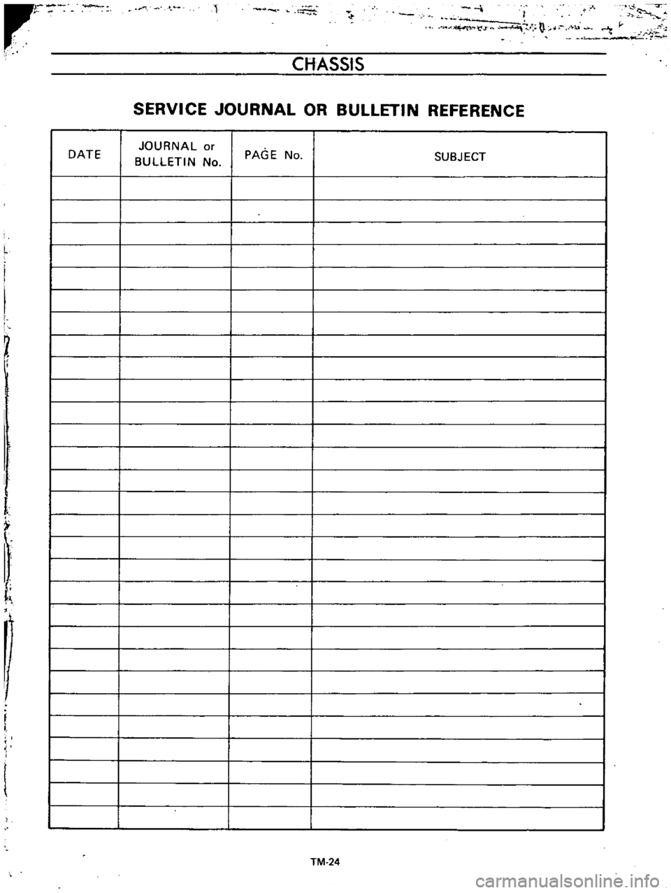 DATSUN B110 1973  Service Repair Manual 
r

r

I

t 
j

l 
j

CHASSIS

SERVICE 
JOURNAL 
OR

BULLETIN 
REFERENCE

DATE 
JOURNAL

or

BULLETIN

No 
PAGE 
No

SUBJECT

I

L

i

I

i 
I

I

I

I

I

I

I

I

I

I

I

I

I

I

I

I

I

I

I

I
