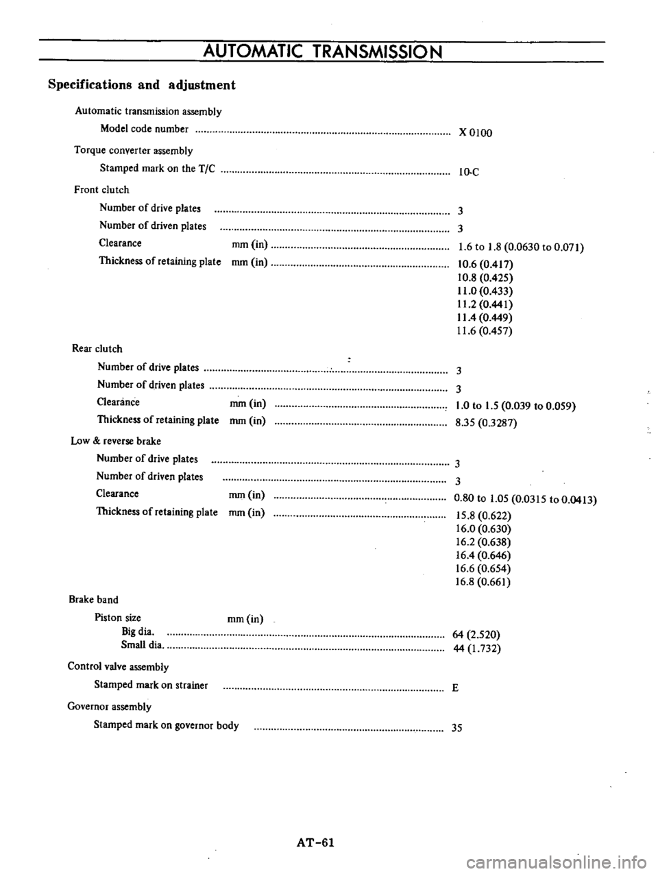 DATSUN B110 1973  Service Repair Manual 
AUTOMATIC 
TRANSMISSION

Specifications 
and

adjustment

Automatic 
transmission 
assembly

Model 
code 
number

Torque 
converter 
assembly

Stamped 
mark 
on 
the

TIC

Front 
clu 
tch

Number 
of
