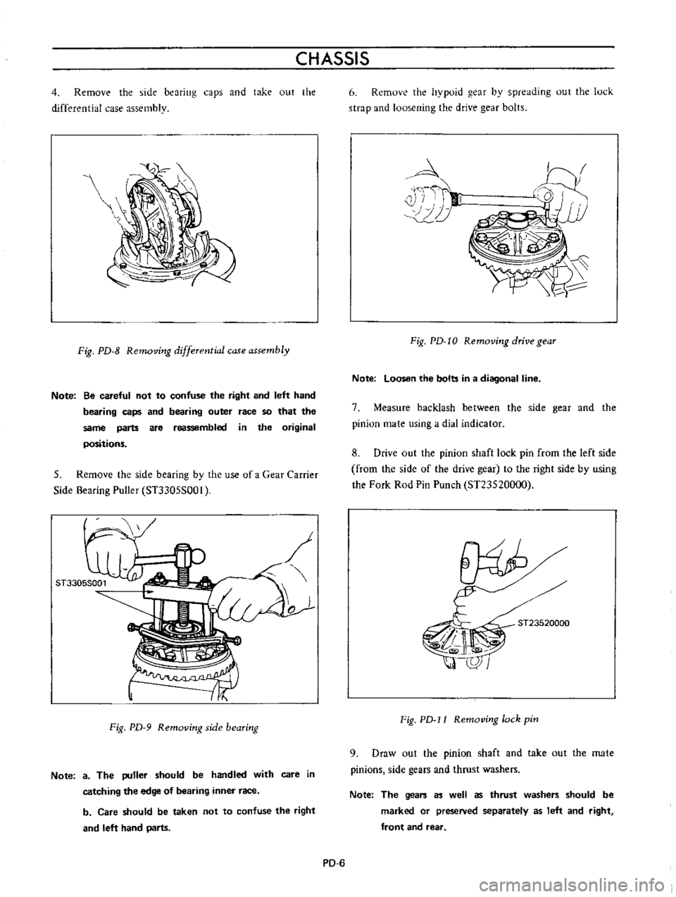 DATSUN B110 1973  Service Repair Manual 
CHASSIS

4 
Remove 
the

side

bearing 
caps 
and 
take 
out 
the

differential 
case

assembly

Fig 
PD 
8

Removing 
differential 
case

assembly

Note 
Be 
careful 
not 
to 
confuse 
the

right 
a