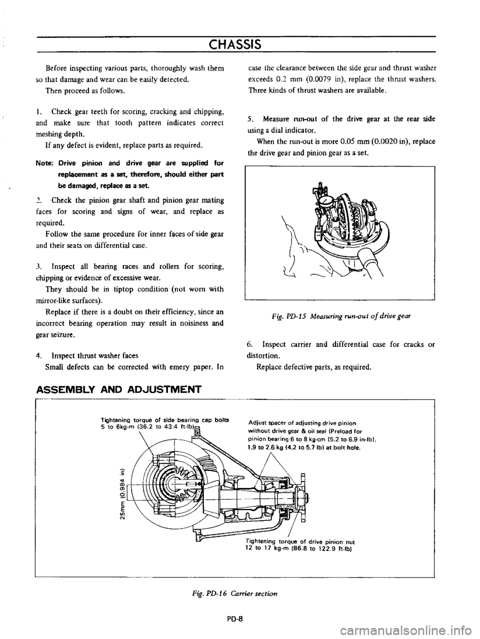 DATSUN B110 1973 Service Repair Manual
CHASSIS
Before
inspecting
various
parts
thoroughly
wash
them
so
that
damage
and
wear
can
be
easily
detected
Then
proceed
as
follows
Check
gear
teeth
for
scoring
cracking
an DATSUN B110 1973 Service Repair Manual
CHASSIS
Before
inspecting
various
parts
thoroughly
wash
them
so
that
damage
and
wear
can
be
easily
detected
Then
proceed
as
follows
Check
gear
teeth
for
scoring
cracking
an
