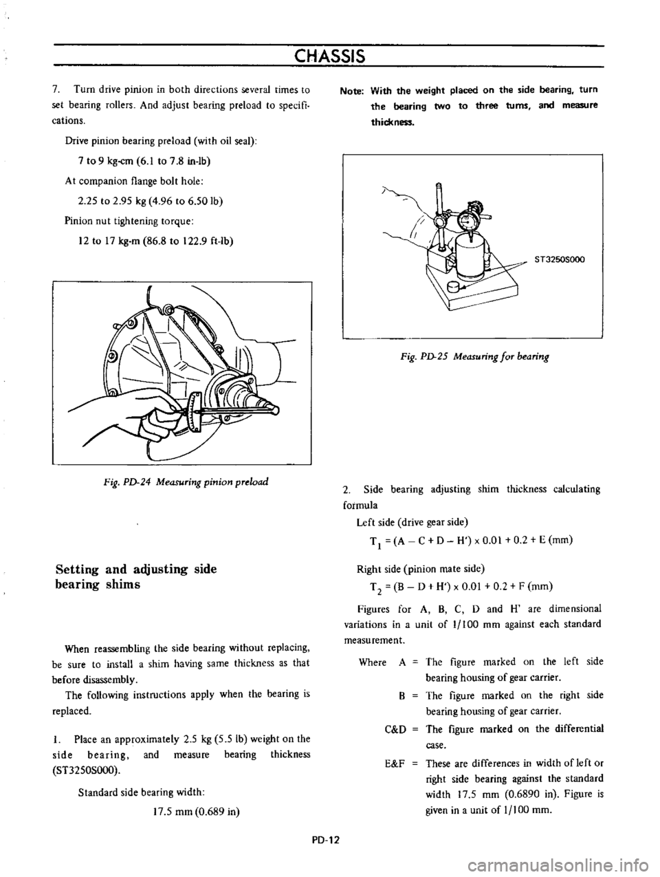 DATSUN B110 1973  Service Repair Manual 
CHASSIS

7 
Turn 
drive

pinion 
in 
both 
directions 
several 
times 
to

set

bearing 
rollers 
And

adjust 
bearing 
preload 
to

specifi

cations

Drive

pinion 
bearing 
preload 
with

oil 
seal