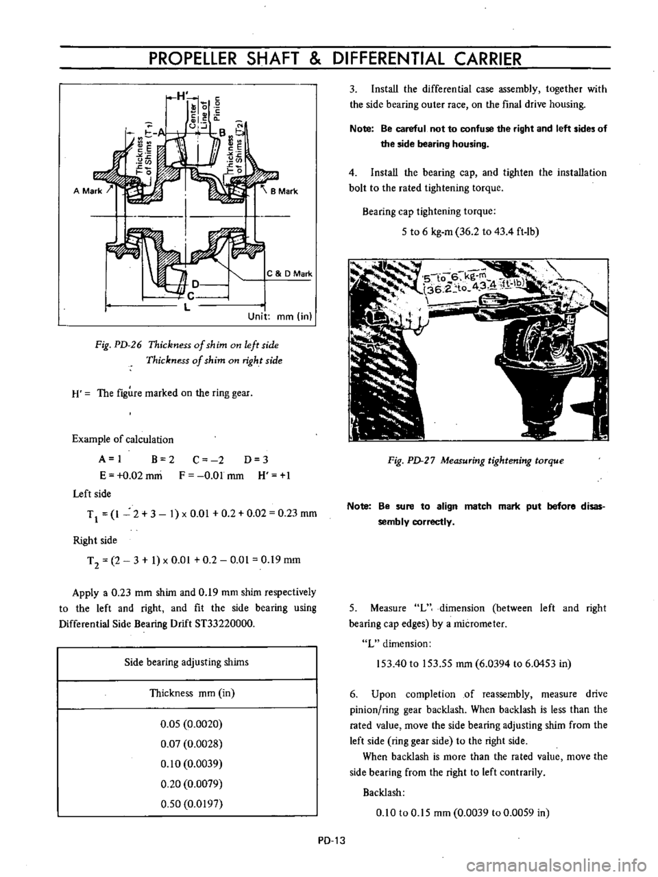 DATSUN B110 1973  Service Repair Manual 
PROPELLER 
SHAFT 
DIFFERENTIAL 
CARRIER

C 
DMark

Unit 
mm

in

Fig 
PD 
26 
Thickness

of 
shim 
on

left 
side

Thickness

of 
shim 
on

right 
side

H 
The

figure 
marked 
on

the

ring 
gear

E