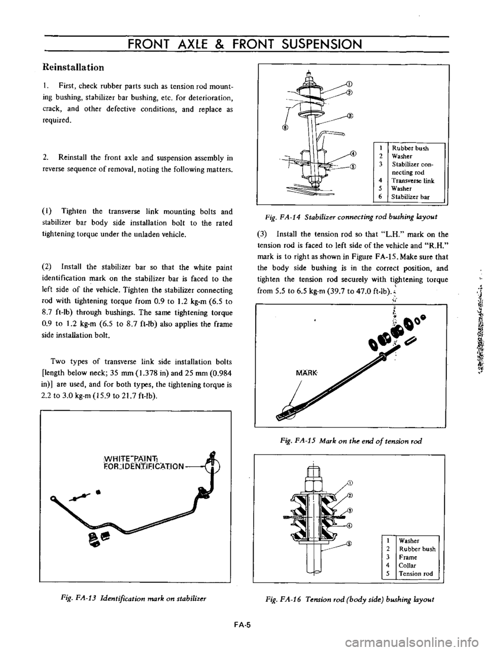 DATSUN B110 1973 Service Repair Manual
FRONT
AXLE
FRONT
SUSPENSION
Reinstalla
tion
First
check
rubber
parts
such
as
tension
rod
mount
ing
bushing
stabilizer
bar
bushing
etc
for
deterioration
crack
and
other
defec DATSUN B110 1973 Service Repair Manual
FRONT
AXLE
FRONT
SUSPENSION
Reinstalla
tion
First
check
rubber
parts
such
as
tension
rod
mount
ing
bushing
stabilizer
bar
bushing
etc
for
deterioration
crack
and
other
defec