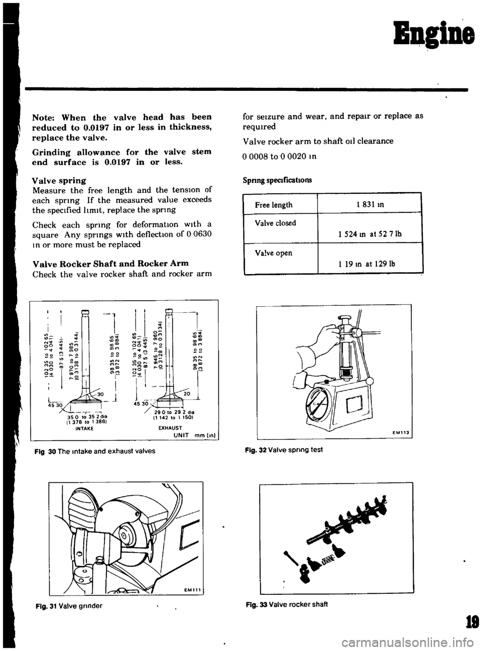 DATSUN B110 1969  Service Repair Manual 
IBglne

Note 
When 
the 
valve 
head 
has 
been

reduced 
to 
0 
0197 
in 
or 
less 
in 
thickness

replace 
the 
valve

Grinding 
allowance 
for 
the 
valve 
stem

end 
surface 
is 
0

0197 
in 
or 