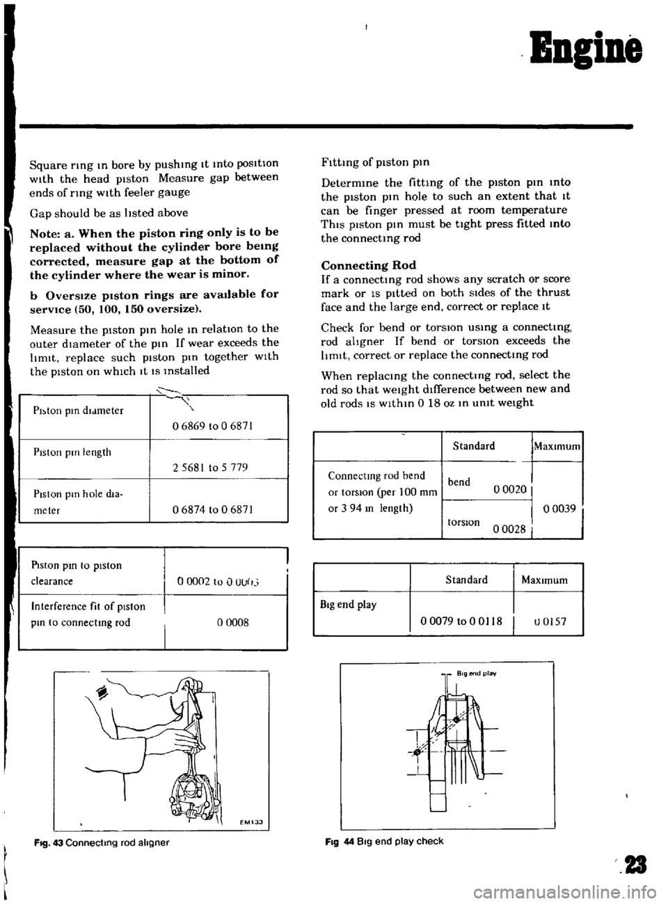 DATSUN B110 1969  Service Repair Manual 
Square

rmg 
m 
bore

by 
pushing 
It 
mto

pos1t1on

wIth 
the 
head

piston 
Measure

gap 
between

ends 
of

rmg 
with 
feeler

gauge

Gap 
should 
be 
as 
hsted 
above

Note 
a 
When 
the

piston