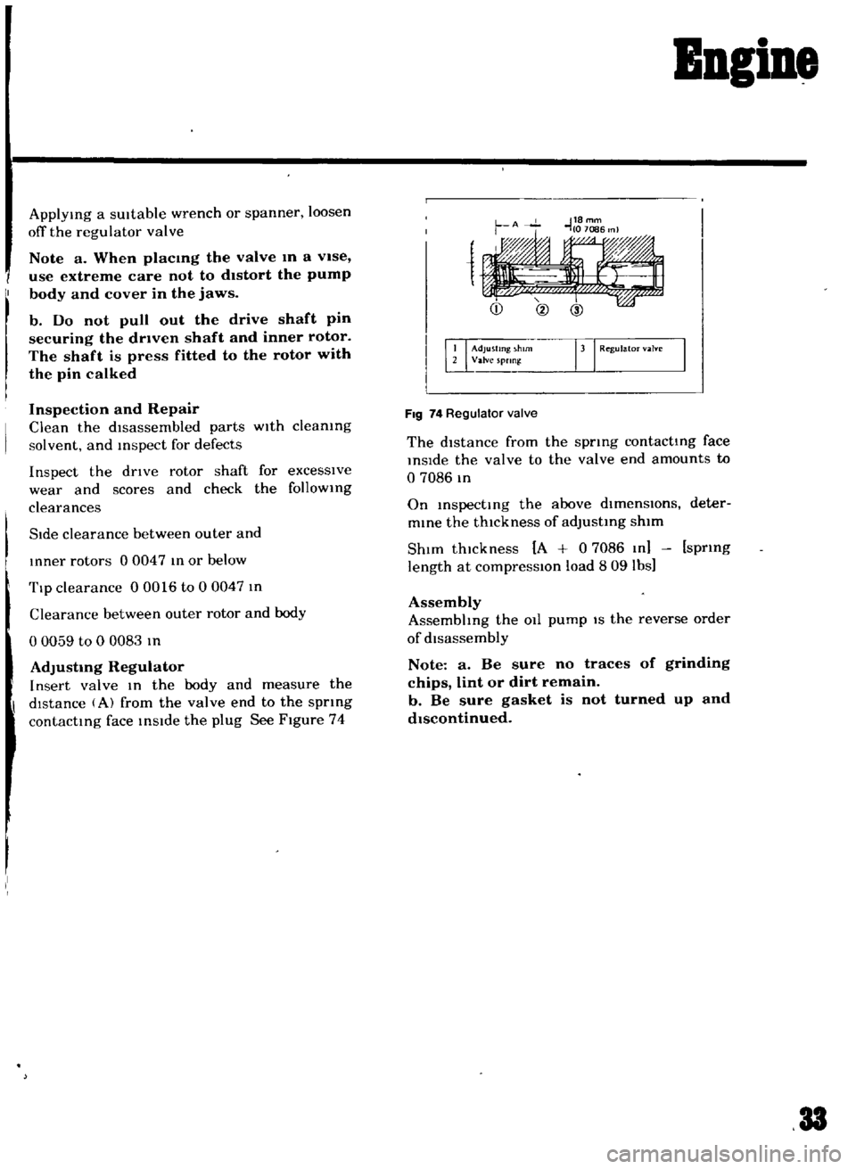 DATSUN B110 1969  Service Repair Manual 
ApplYing 
a 
sUItable 
wrench 
or

spanner 
loosen

off 
the

regulator 
valve

Note

a 
When

placmg 
the 
valve 
m 
a 
VIse

use 
extreme

care 
not 
to 
dIstort 
the

pump

body 
and 
cover 
in 
t