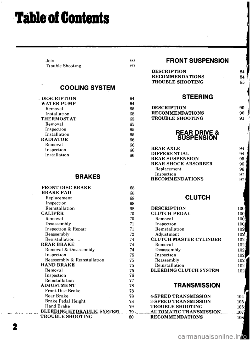 DATSUN B110 1969  Service Repair Manual 
labl8 
of

Contents

Jets 
60

FRONT 
SUSPENSION

TlOuble

Shooting 
60

f
DESCRIPTION

RECOMMENDATIONS

TROUBLE

SHOOTING 
I

85

COOLING 
SYSTEM

DESCRIPTION 
64 
STEERING

WATER

PUMP 
64

Hemoval