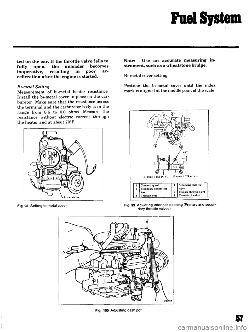 DATSUN B110 1969  Service Repair Manual 
Fuel

Sptem

ted

on 
the 
car 
If 
the 
throttle 
valve 
fails 
to

fully 
open 
the 
unIoader 
becomes

inoperative 
resulting 
in

poor 
ac

celleration 
after 
the

engine 
is

started 
Note 
Use