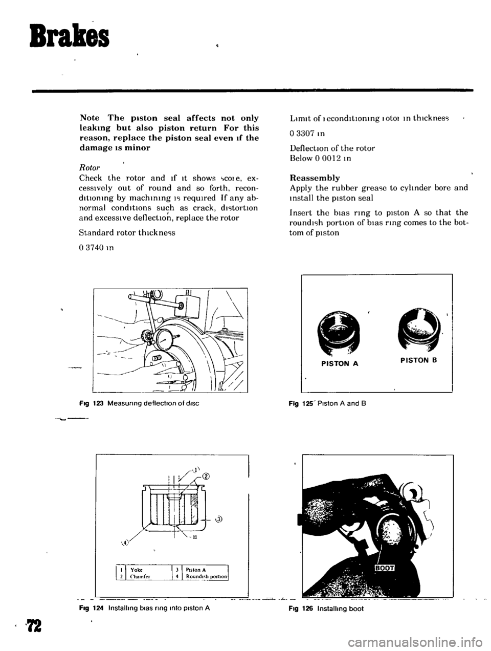 DATSUN B110 1969  Service Repair Manual 
Brakes

Note 
The

piston 
seal 
affects 
not

only

Ieakmg 
but 
also

piston 
return

For 
this

reason

replace 
the

piston 
seal 
even 
If 
the

damage 
IS 
minor

Rotor

Check 
the 
rotor

and 
