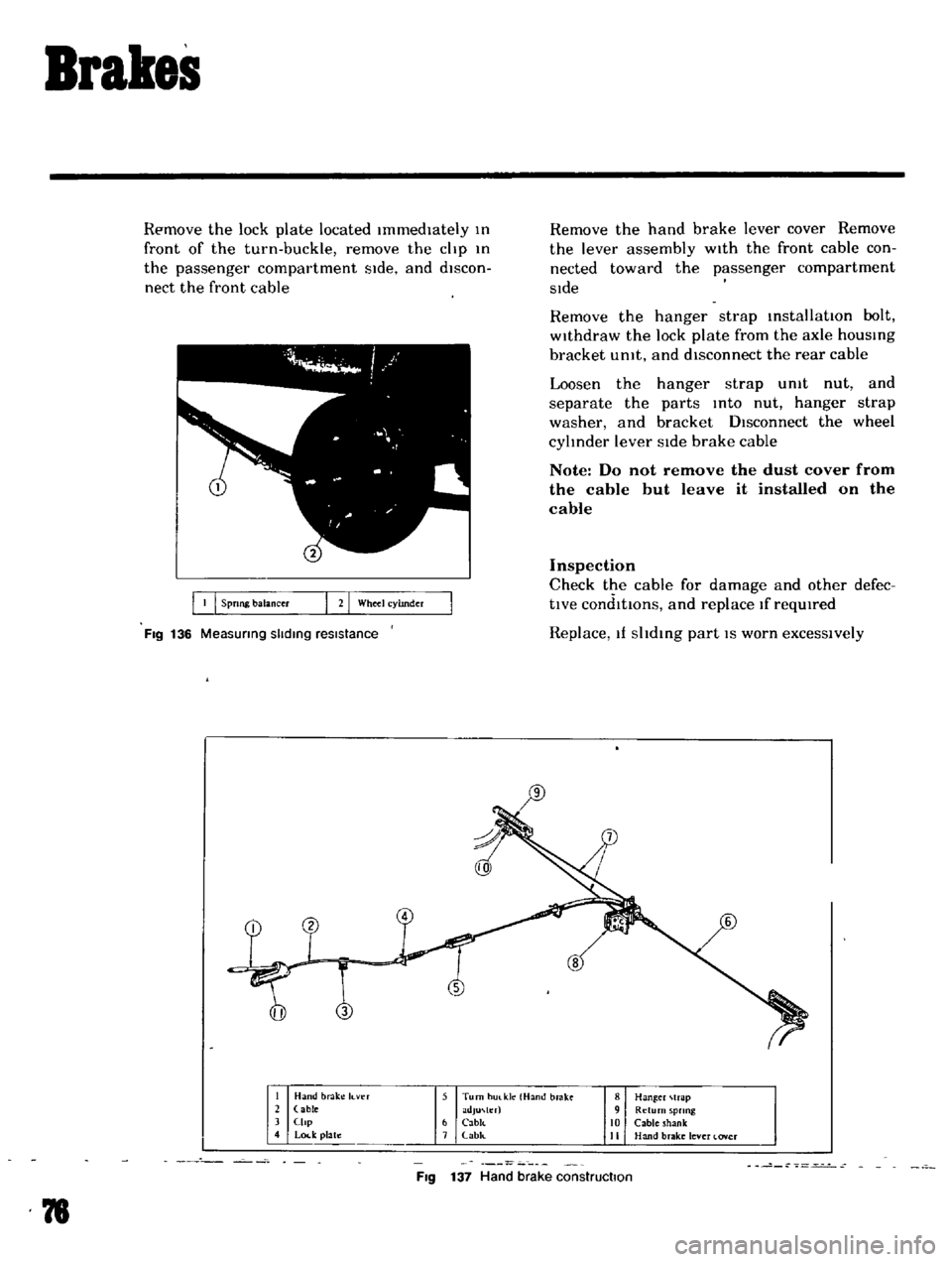 DATSUN B110 1969  Service Repair Manual 
Brakes

Remove 
the 
lock

plate 
located

Immediately 
III

front 
of 
the 
turn

buckle 
remove 
the

clip 
III

the

passenger 
compartment 
SIde 
and 
discon

nect 
the 
front 
cable

I 
Spong 
b