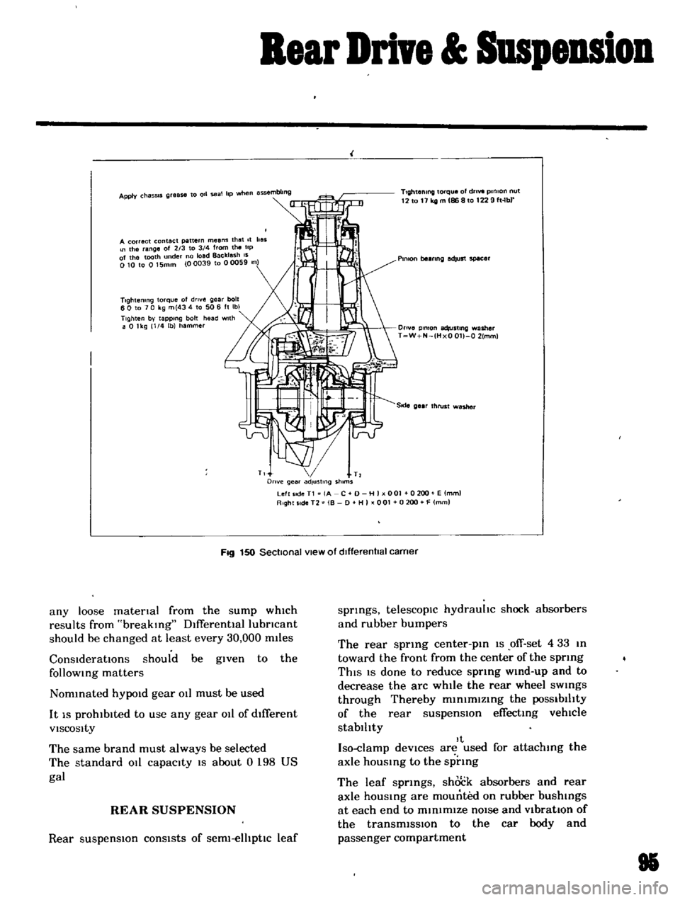 DATSUN B110 1969 Service Repair Manual
Bear
Drive
Suspension
A
correct
contact
pattern
means
that
It
beii
the
ange
of
2
3
to
3
4
from
the
tip
of
the
tooth
nder
no
load
Backlash
IS
010
to
015mm
00039
to
0 DATSUN B110 1969 Service Repair Manual
Bear
Drive
Suspension
A
correct
contact
pattern
means
that
It
beii
the
ange
of
2
3
to
3
4
from
the
tip
of
the
tooth
nder
no
load
Backlash
IS
010
to
015mm
00039
to
0