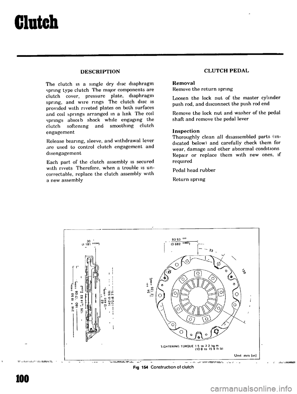 DATSUN B110 1969  Service Repair Manual 
Clutch

DESCRIPTION

The 
clutch 
IS 
a

sIngle 
dry 
dIsc

diaphragm

prIng

type 
clutch 
The

major 
components 
are

clutch

cover

pressure 
plate 
diaphragm

sprIng 
and

wire

rIngs 
The 
clut
