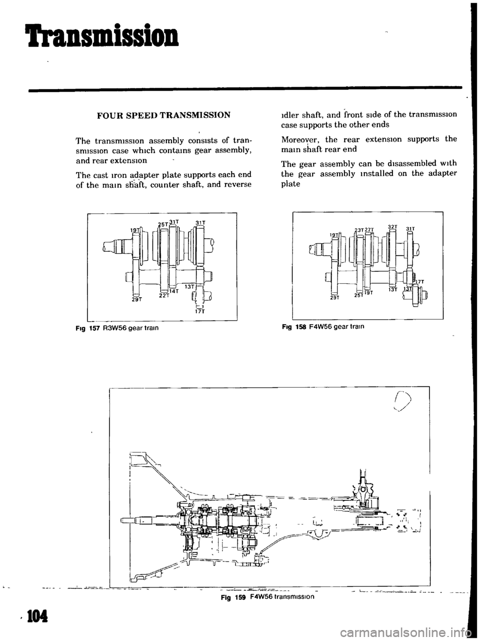 DATSUN B110 1969  Service Repair Manual 
lransmission

FOUR 
SPEED 
TRANSMISSION 
Idler 
shaft 
and 
front 
sIde 
of 
the 
transmiSSIOn

case

supports 
the 
other 
ends

Moreoyer 
the 
rear 
extensIOn

supports 
the

mam 
shaft 
rear 
end

