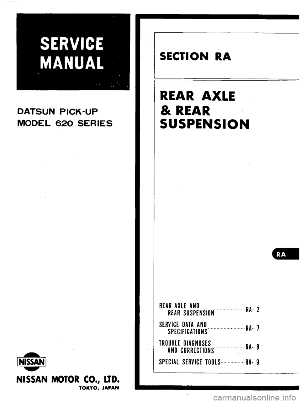 DATSUN PICK-UP 1977  Service Manual 
DATSUN 
PICK 
UP

MODEL

620 
SERIES

I 
NISSAN

I

NISSAN 
MOTOR 
CO

LTD

TOKYO 
JAPAN 
SECTION 
RA

REAR

AXLE

REAR

SUSPENSION

REAR

AXlE 
AND

RA 
2

REAR

SUSPENSION

SERVICE 
DATA 
AND

RA 
