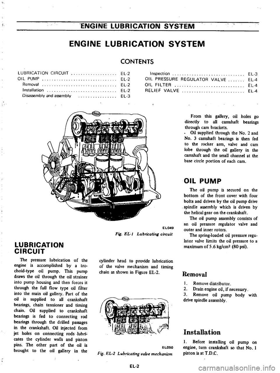 DATSUN PICK-UP 1977 Service Manual
ENGINE
LUBRICATION
SYSTEM
ENGINE
LUBRICATION
SYSTEM
CONTENTS
LUBRICATION
CIRCUIT
01
L
PUMP
Removal
Installation
Disassembly
and
assembly
EL
2
EL
2
EL
2
EL
2
EL
3
Inspection DATSUN PICK-UP 1977 Service Manual
ENGINE
LUBRICATION
SYSTEM
ENGINE
LUBRICATION
SYSTEM
CONTENTS
LUBRICATION
CIRCUIT
01
L
PUMP
Removal
Installation
Disassembly
and
assembly
EL
2
EL
2
EL
2
EL
2
EL
3
Inspection
