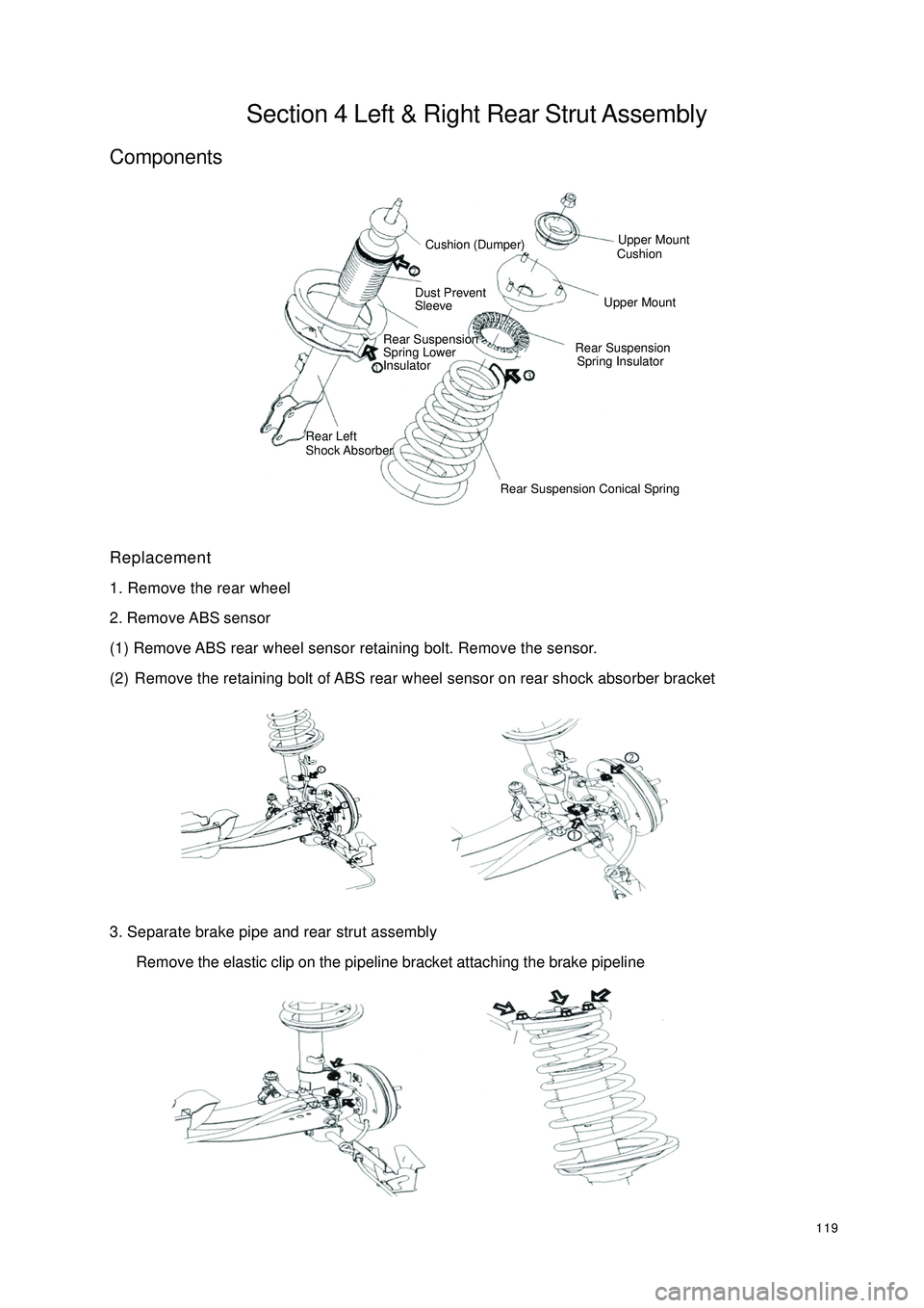 GEELY CK 2008  Workshop Manual 119Section 4 Left & Right Rear Strut AssemblyComponentsReplacement
1. Remove the rear wheel
2. Remove ABS sensor
(1) Remove ABS rear wheel sensor retaining bolt. Remove the sensor.
(2) Remove the reta