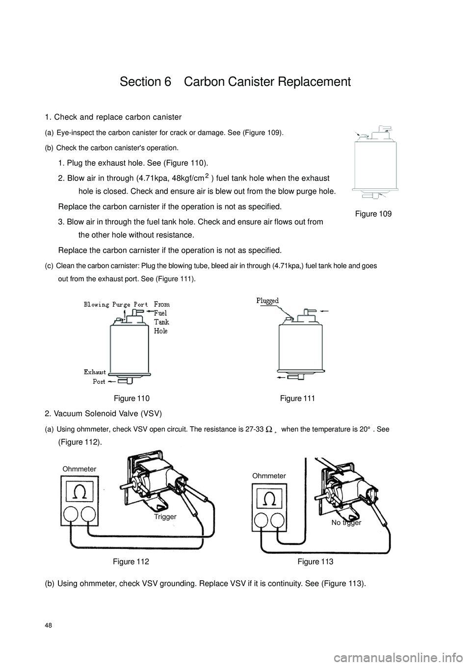GEELY CK 2008  Workshop Manual Ohmmeter
No trggerOhmmeter
Trigger48Section 6    Carbon Canister Replacement1. Check and replace carbon canister
(a) Eye-inspect the carbon canister for crack or damage. See (Figure 109).
(b) Check th