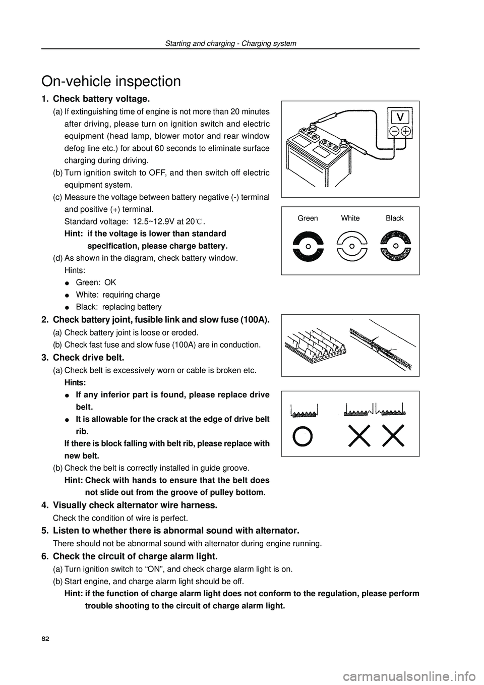 GEELY FC 2008  Workshop Manual 1. Check battery voltage.(a) If extinguishing time of engine is not more than 20 minutes
after driving, please turn on ignition switch and electric
equipment (head lamp, blower motor and rear window
d