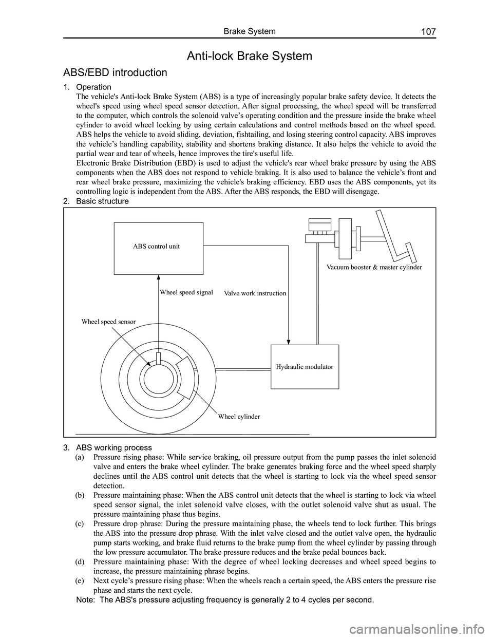 GREAT WALL FLORID 2008 Service Manual Downloaded from www.Manualslib.com manuals search engine 107Brake System
Anti-lock Brake System
ABS/EBD introduction
1. Operation
The vehicle's Anti-lock Brake System (ABS) is a type of increasing GREAT WALL FLORID 2008 Service Manual Downloaded from www.Manualslib.com manuals search engine 107Brake System
Anti-lock Brake System
ABS/EBD introduction
1. Operation
The vehicle's Anti-lock Brake System (ABS) is a type of increasing