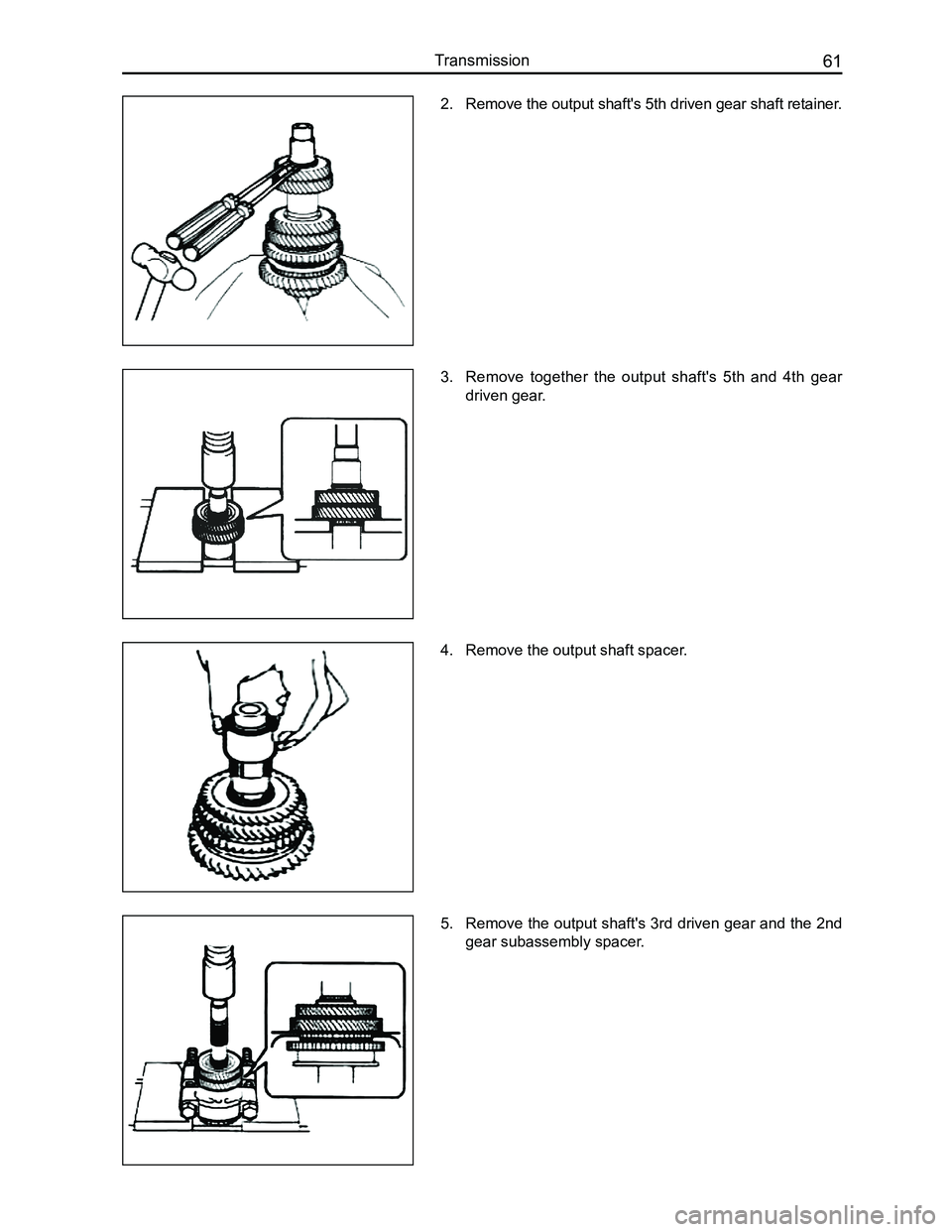 GREAT WALL FLORID 2008  Service Manual Downloaded from www.Manualslib.com manuals search engine 61Transmission
2. Remove the output shaft's 5th driven gear shaft retainer.
3. Remove  together  the  output  shaft's  5th  and  4th  g
