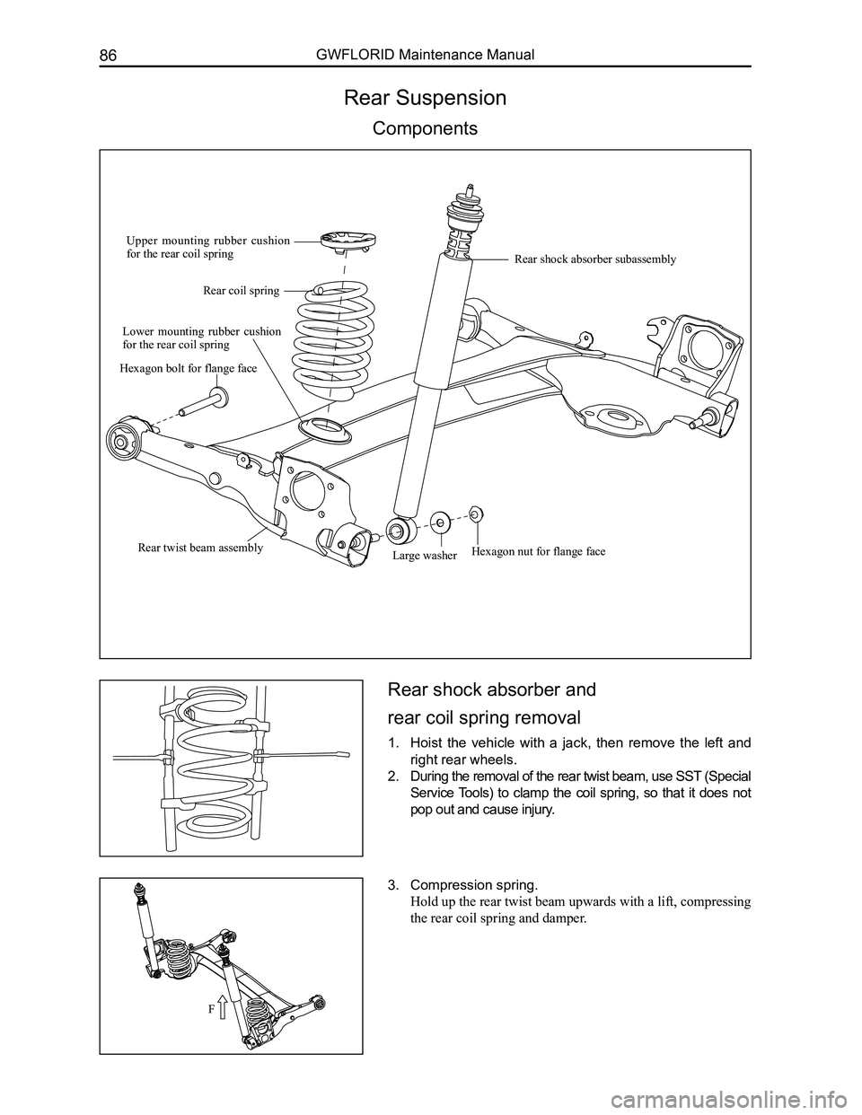 GREAT WALL FLORID 2008  Service Manual Downloaded from www.Manualslib.com manuals search engine GWFLORID Maintenance Manual86
Rear Suspension
Components
Rear shock absorber and 
rear coil spring removal
1. Hoist  the  vehicle  with  a  jac