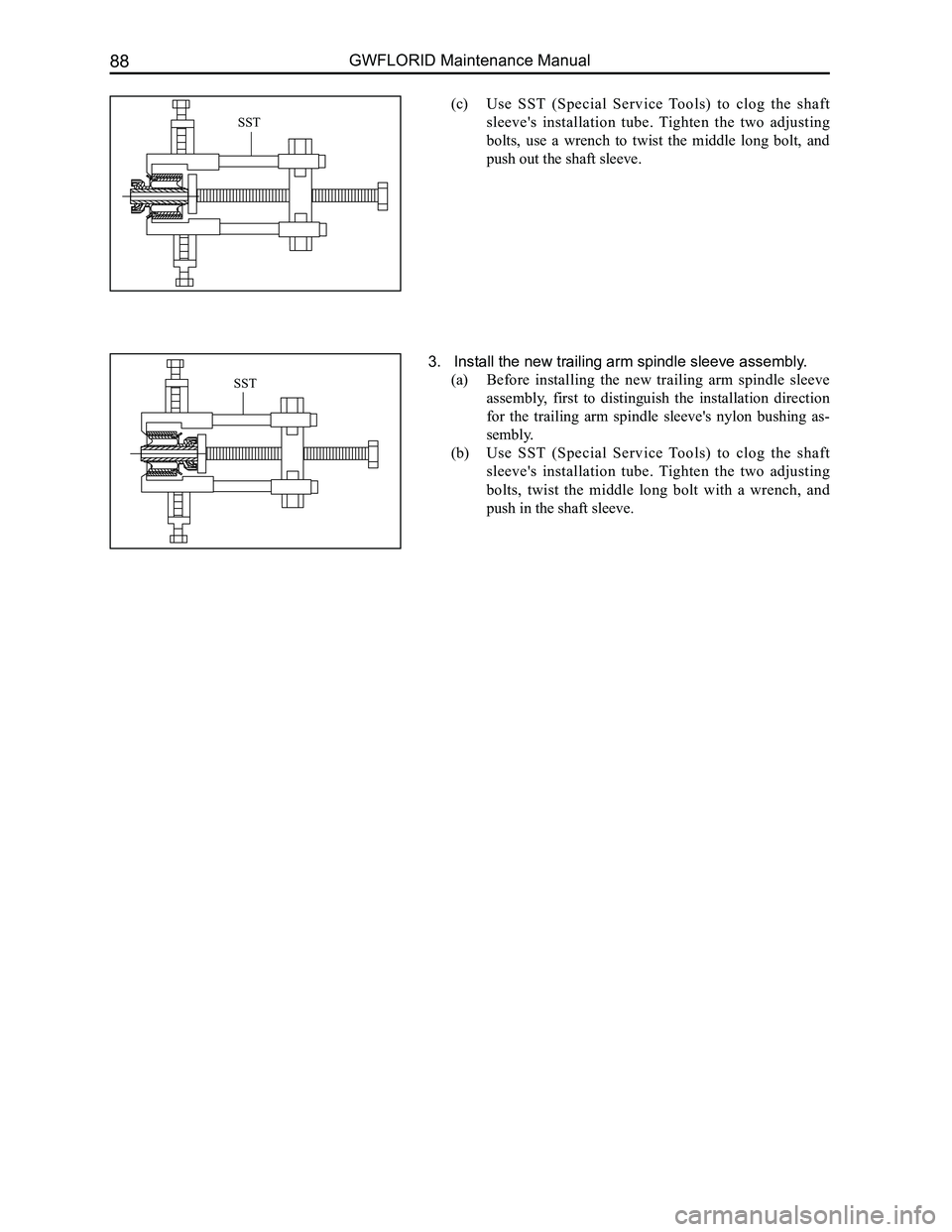 GREAT WALL FLORID 2008  Service Manual Downloaded from www.Manualslib.com manuals search engine GWFLORID Maintenance Manual88
(c) Use  SST  (Special  Service  Tools)  to  clog  the  shaft 
sleeve's  installation  tube.  Tighten  the  t
