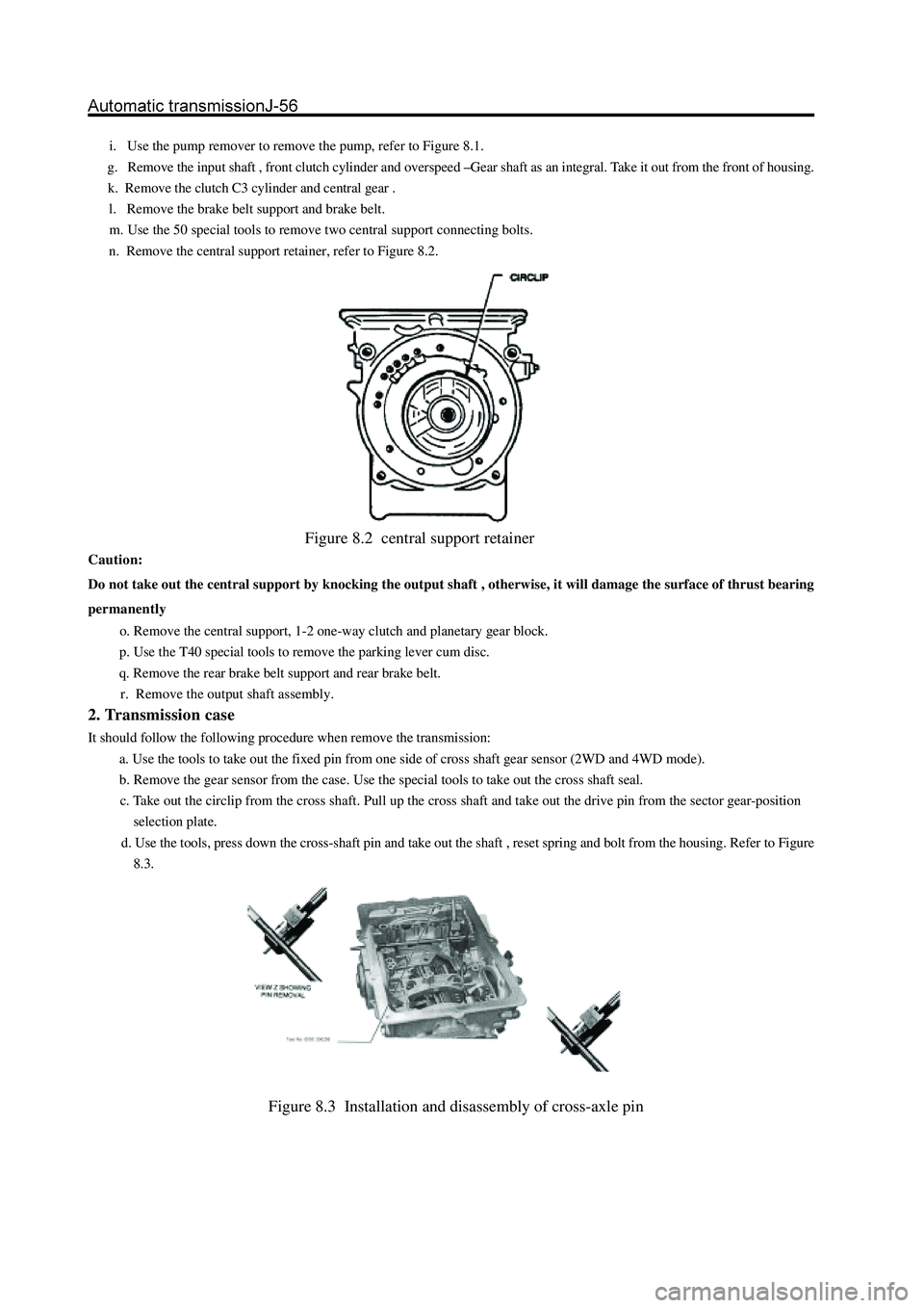 GREAT WALL HOVER 2006  Service Repair Manual Caution:
Do not take out the central support by knocking the output shaft , otherwise, it will damage the surface of thrust bearing
permanently
         o. Remove the central support, 1-2 one-way clut