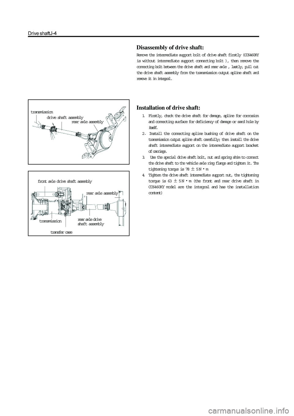 GREAT WALL HOVER 2006 Service Repair Manual transmission
drive shaft assemblyrear axle assembly
front axle drive shaft assembly
transmissionrear axle drive
shaft assembly
transfer case
rear axle assembly
Disassembly of drive shaft:
Remove the i GREAT WALL HOVER 2006 Service Repair Manual transmission
drive shaft assemblyrear axle assembly
front axle drive shaft assembly
transmissionrear axle drive
shaft assembly
transfer case
rear axle assembly
Disassembly of drive shaft:
Remove the i
