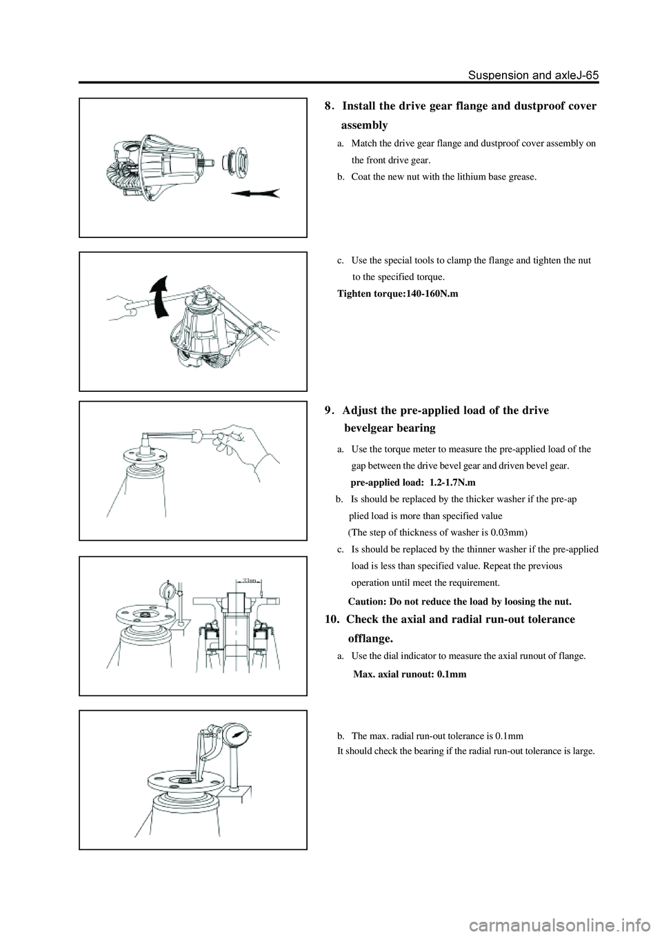 GREAT WALL HOVER 2006 Service Repair Manual 8Install the drive gear flange and dustproof cover
assembly
a. Match the drive gear flange and dustproof cover assembly on
the front drive gear.
b. Coat the new nut with the lithium base gr GREAT WALL HOVER 2006 Service Repair Manual 8Install the drive gear flange and dustproof cover
assembly
a. Match the drive gear flange and dustproof cover assembly on
the front drive gear.
b. Coat the new nut with the lithium base gr