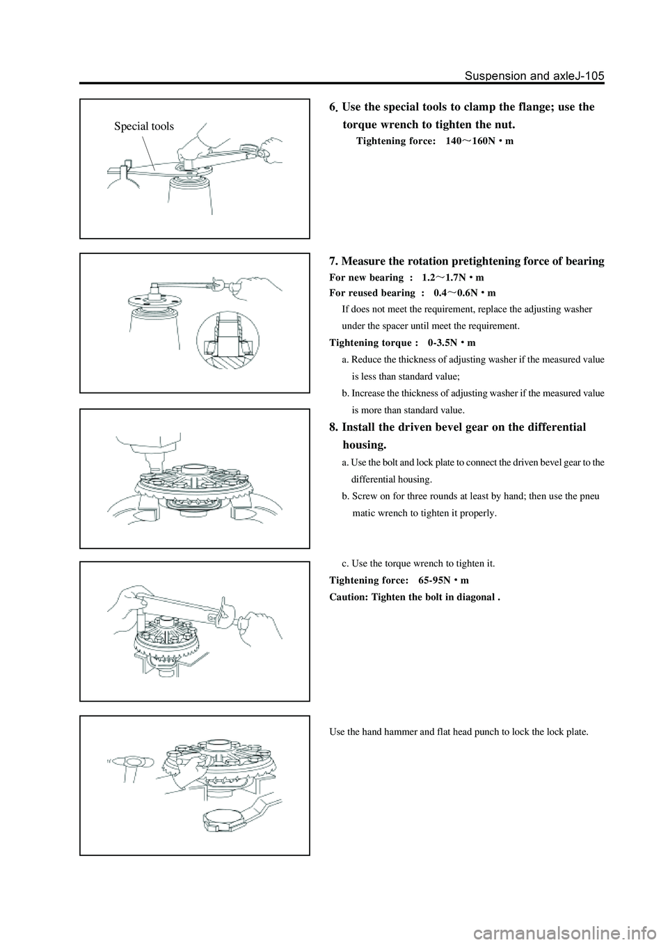 GREAT WALL HOVER 2006 Service Repair Manual 6Use the special tools to clamp the flange; use the
torque wrench to tighten the nut.
Tightening force: 140160Nm
7. Measure the rotation pretightening force of bearing
For new bearing : 1.21. GREAT WALL HOVER 2006 Service Repair Manual 6Use the special tools to clamp the flange; use the
torque wrench to tighten the nut.
Tightening force: 140160Nm
7. Measure the rotation pretightening force of bearing
For new bearing : 1.21.
