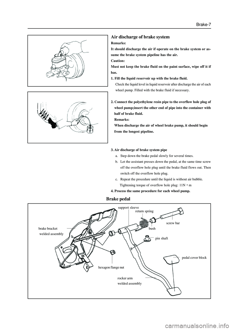 GREAT WALL HOVER 2006  Service Repair Manual Brake-7
Air discharge of brake system
Remarks:
It should discharge the air if operate on the brake system or as-
sume the brake system pipeline has the air.
Caution:
Must not keep the brake fluid on t