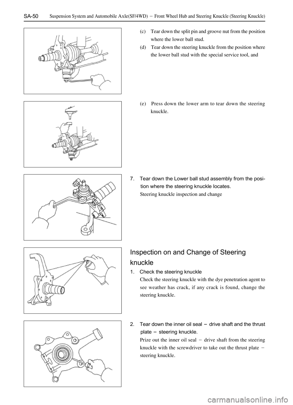 GREAT WALL PEGASUS 2006  Service Manual SA-50
(c) Tear down the split pin and groove nut from the position
where the lower ball stud.
(d) Tear down the steering knuckle from the position where
the lower ball stud with the special service to