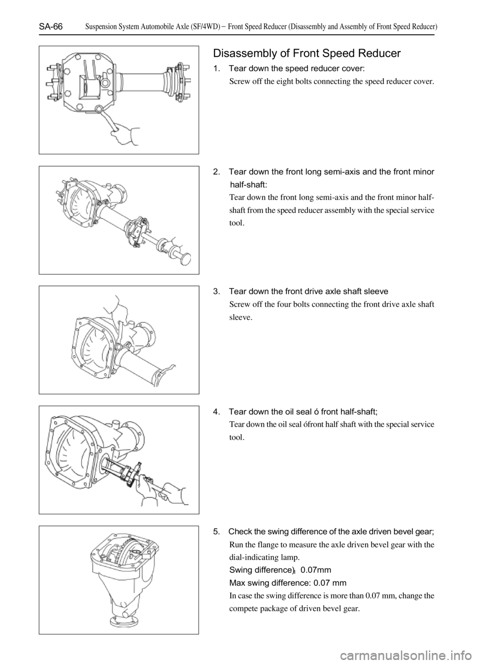 GREAT WALL SAFE 2006 Service Manual SA-66
Disassembly of Front Speed Reducer
1. Tear down the speed reducer cover:
Screw off the eight bolts connecting the speed reducer cover.
2. Tear down the front long semi-axis and the front minor
h GREAT WALL SAFE 2006 Service Manual SA-66
Disassembly of Front Speed Reducer
1. Tear down the speed reducer cover:
Screw off the eight bolts connecting the speed reducer cover.
2. Tear down the front long semi-axis and the front minor
h
