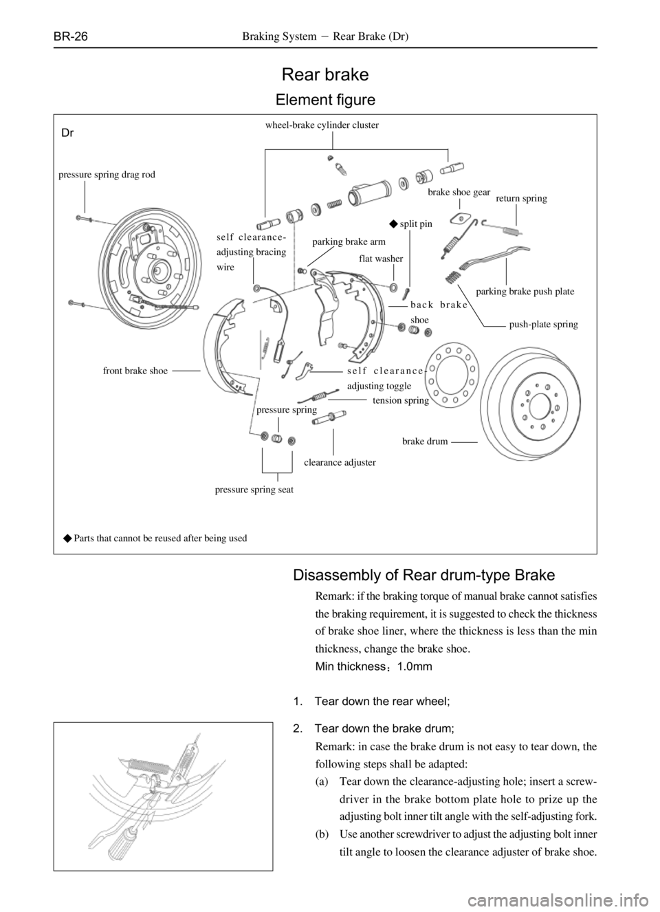 GREAT WALL SAFE 2006 Service Manual BR-26
Rear brake
Element figure
wheel-brake cylinder cluster
pressure spring drag rod
self clearance-
adjusting bracing
wireparking brake arm
flat washersplit pinbrake shoe gear
return spring
parking GREAT WALL SAFE 2006 Service Manual BR-26
Rear brake
Element figure
wheel-brake cylinder cluster
pressure spring drag rod
self clearance-
adjusting bracing
wireparking brake arm
flat washersplit pinbrake shoe gear
return spring
parking