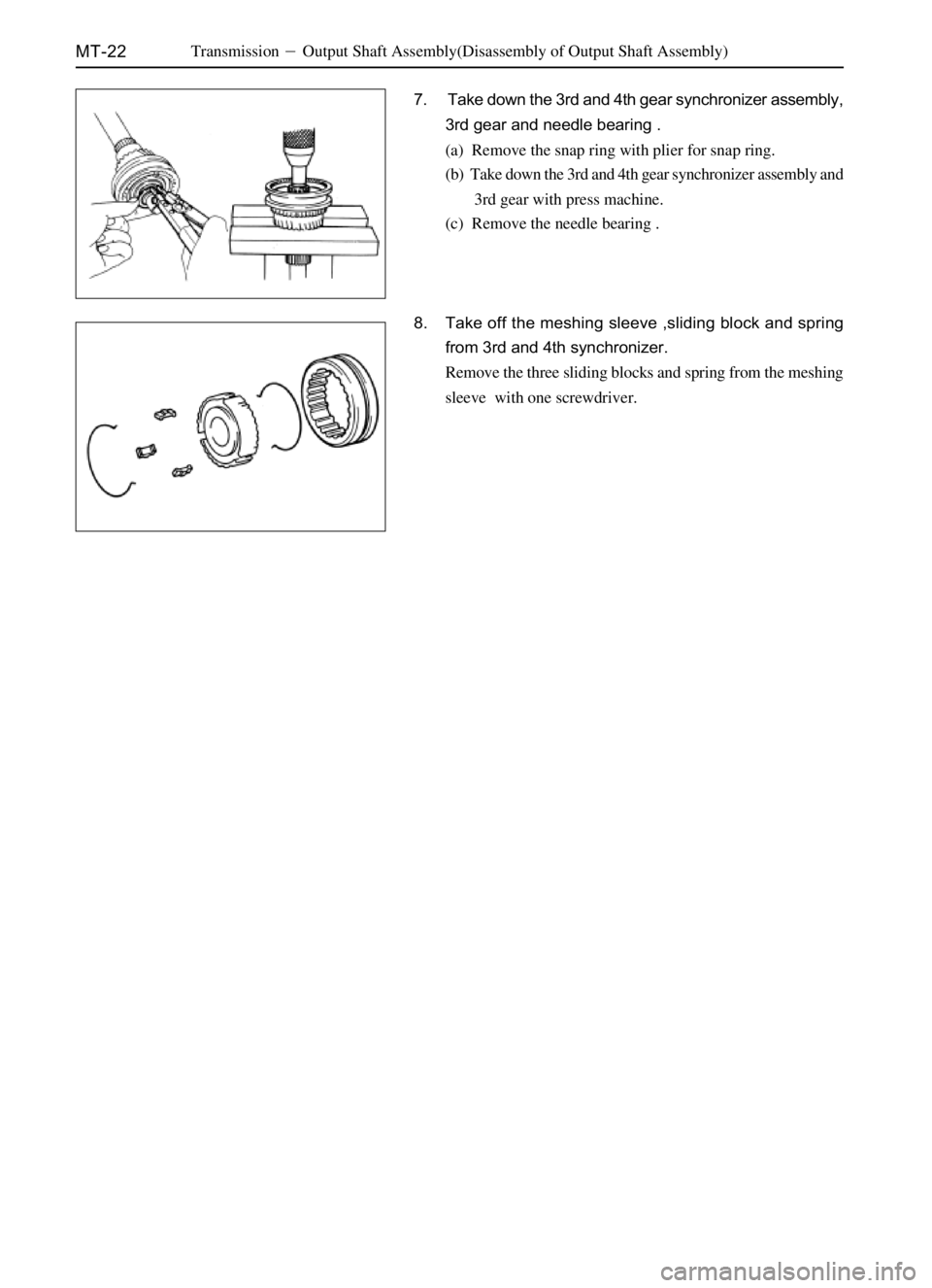 GREAT WALL SAFE 2006  Service Manual MT-22TransmissionOutput Shaft Assembly(Disassembly of Output Shaft Assembly)
7.  Take down the 3rd and 4th gear synchronizer assembly,
3rd gear and needle bearing .
(a)  Remove the snap ring with pli