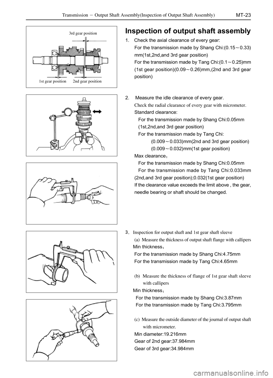 GREAT WALL SAFE 2006 Service Manual MT-23
Inspection of output shaft assembly
1. Check the axial clearance of every gear:
For the transmission made by Shang Chi:(0.150.33)
mm(1st,2nd,and 3rd gear position)
For the transmission made by GREAT WALL SAFE 2006 Service Manual MT-23
Inspection of output shaft assembly
1. Check the axial clearance of every gear:
For the transmission made by Shang Chi:(0.150.33)
mm(1st,2nd,and 3rd gear position)
For the transmission made by